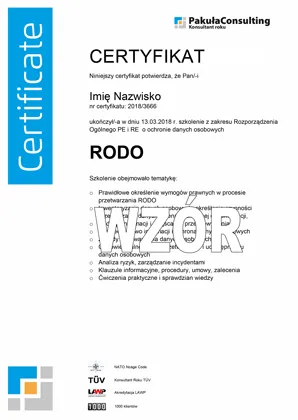 Certyfikat ze szkolenia RODO