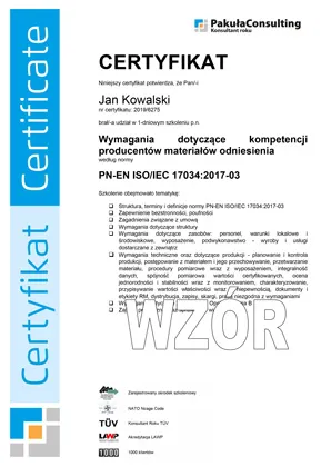 Certyfikat ISO 17034 Szkolenie Kompetencje Pracowników