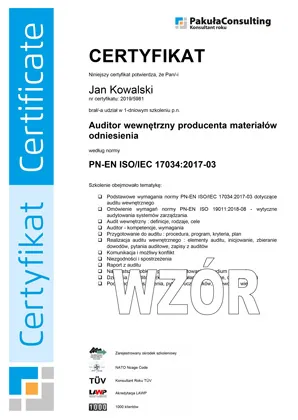 ISO 17034 Certyfikat Audytora Wewnętrznego