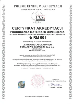 Certyfikat ISO 17034 Akredytacja PCA