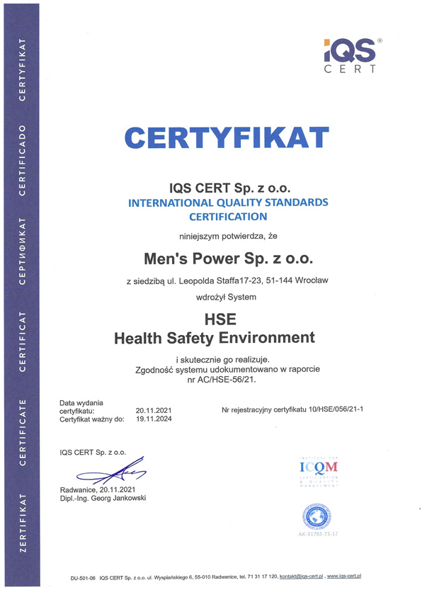 Certyfikat HSE