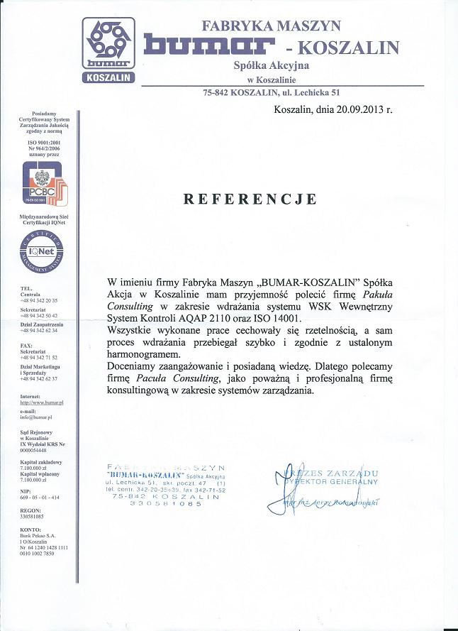 Bumar Certyfikat AQAP WSK Wdrazanie Koszalin