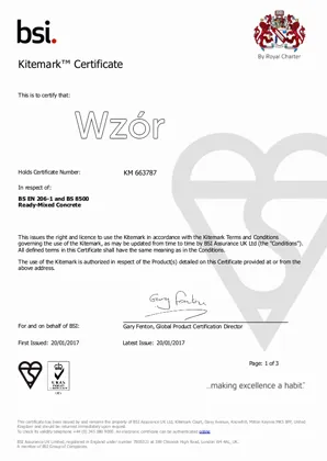 Certyfikat EN 206 Wzór