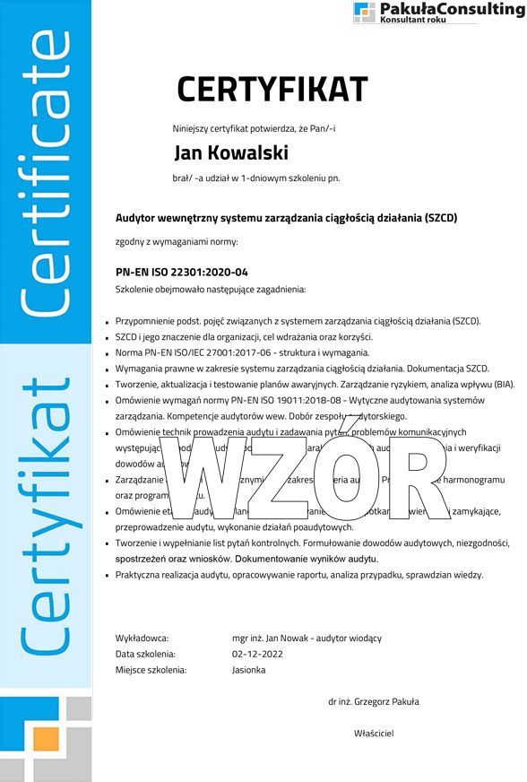 ISO 22301 Certyfikat Audytora Wewnętrznego