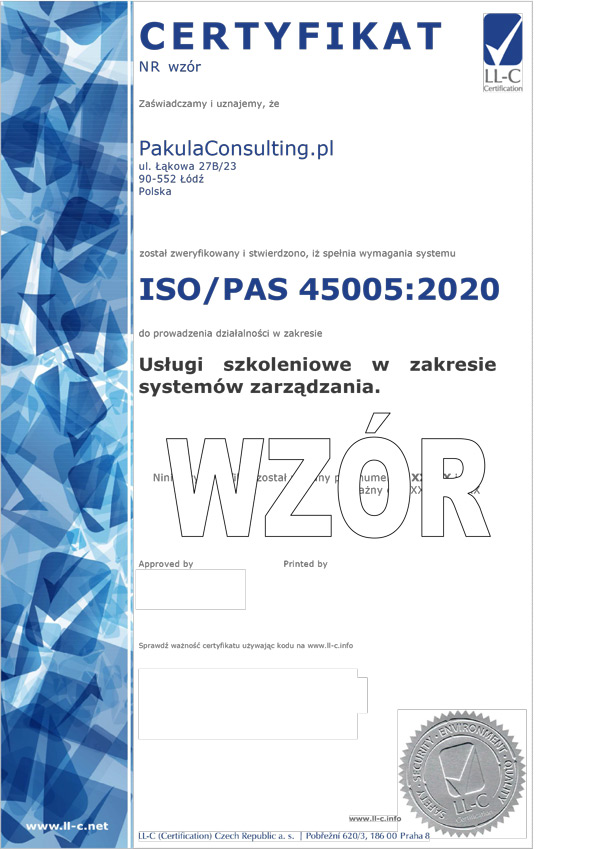 Certyfikat Pakuła Consulting ISO 45005