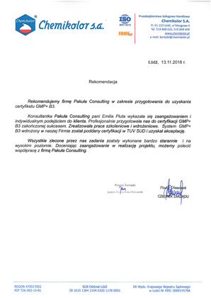 Certyfikat GMP Chemikolor Referencje
