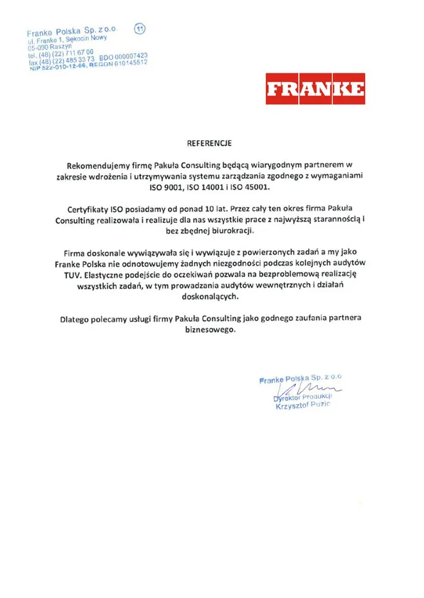 Referencje Franke ISO 9001 14001 45001