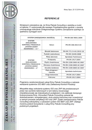 Certyfikacja ZKP EN 206 Handl Bet
