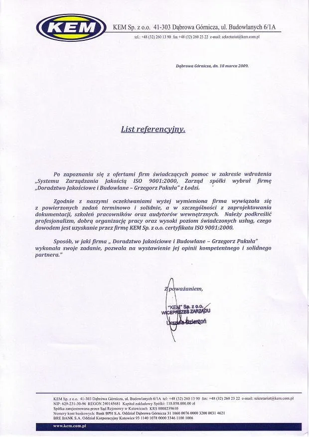 KEM Certyfikat ISO 9001wdrazanie Dabrowa Gornicza
