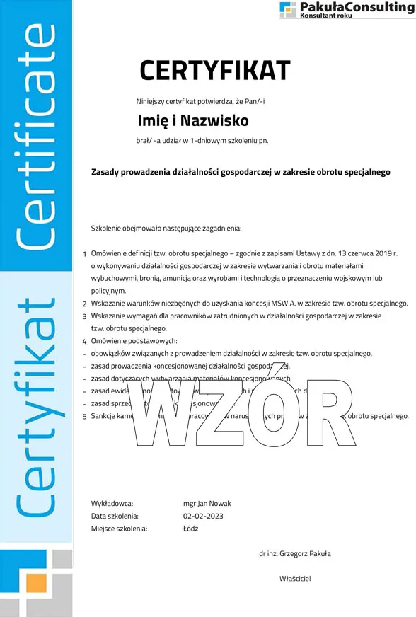 Certyfikat Koncesja MSWiA Pakuła Consulting