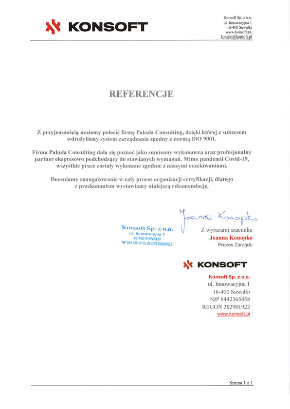ISO 9001 Referencje Konsoft