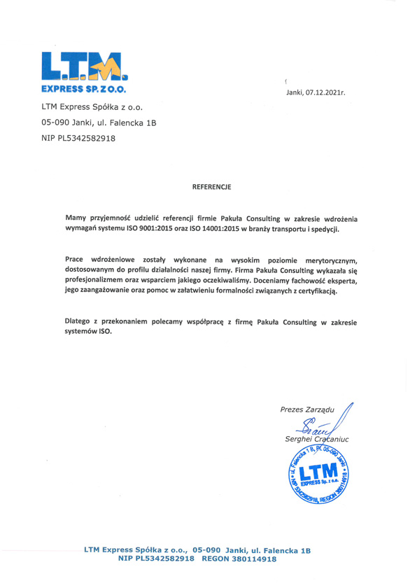 Referencje LTM ISO 9001 14001