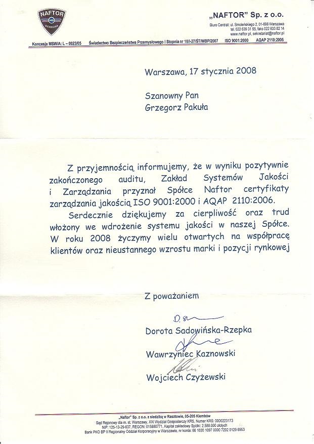 Naftor Certyfikat AQAP Wdrazanie Warszawa
