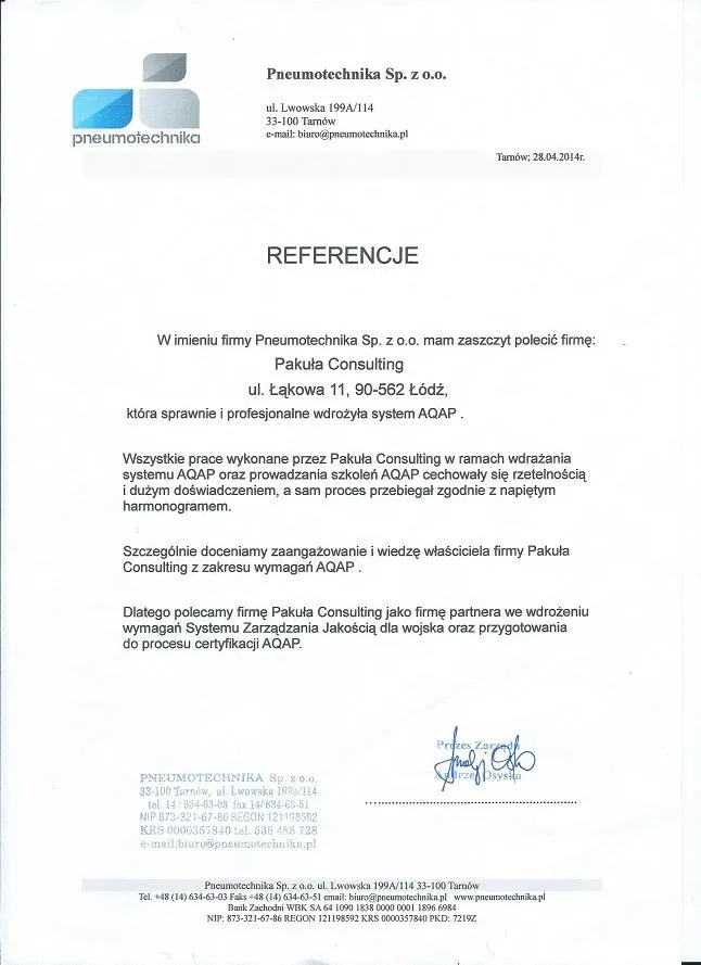 Pneumotechnika Certyfikat AQAP Wdrazanie Rzeszow