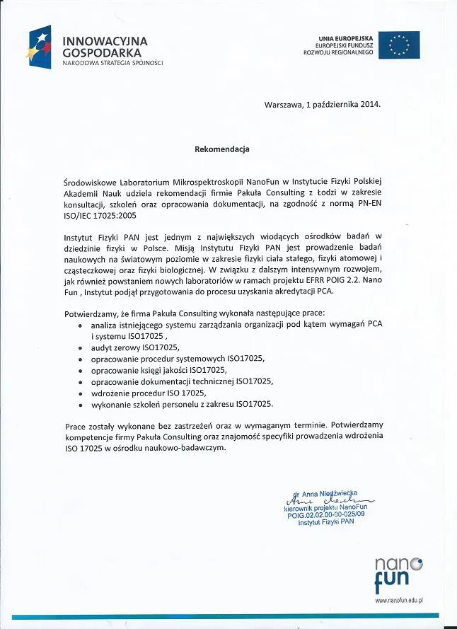 Polska Akademia Nauk Certyfikat ISO 17025 Wdrazanie Warszawa