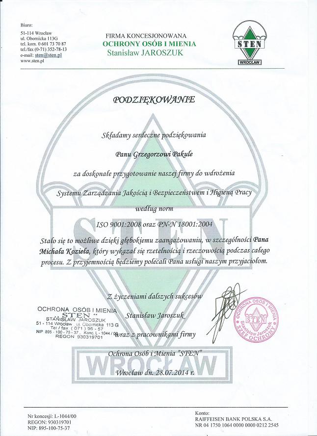 Sten Certyfikat Iso 9001 PNN 18001 Wdrazanie Wroclaw