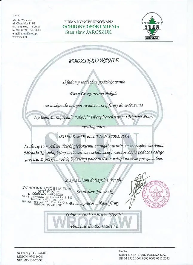 Sten Certyfikat Iso 9001 PNN 18001 Wdrazanie Wroclaw