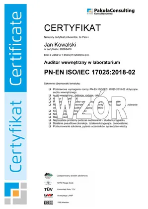 Certyfikat ISO 17025 Audytor Wewnętrzny