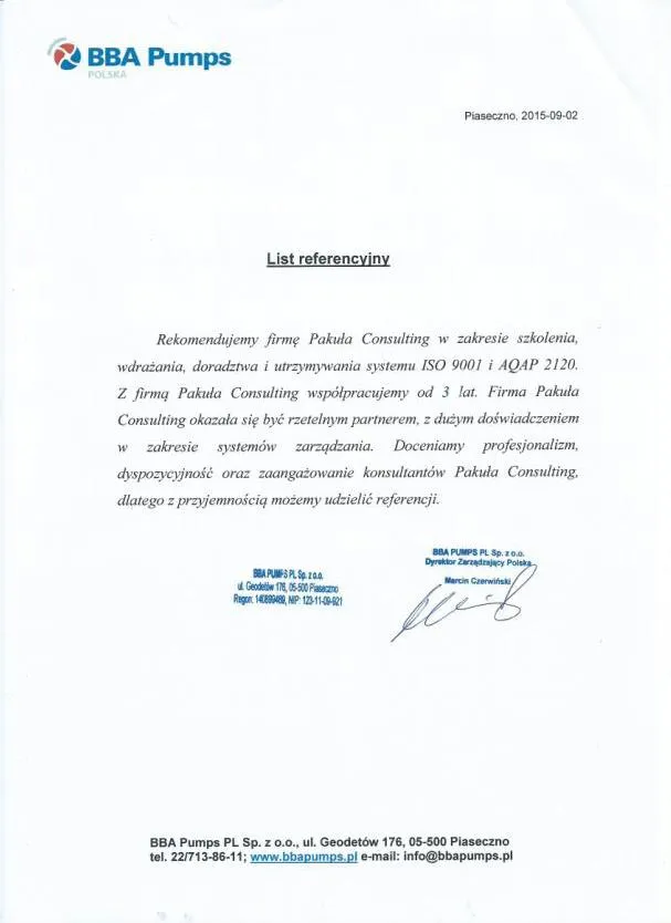 Bba Pumps Certyfikat Aqap Wdrazanie Warszawa