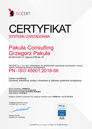 Certyfikat Pakuła Consulting ISO 45001