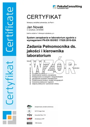 Certyfikat ISO 17025 Kierownik Laboratorium