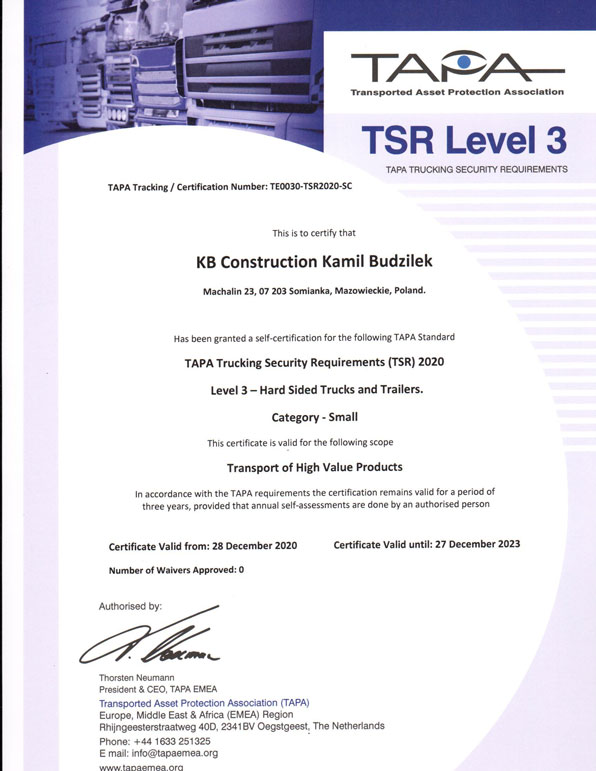 certyfikat TAPA TSR 2020 transport