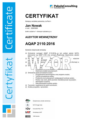 Certyfikat Audtor Wewnętrzny AQAP 2110