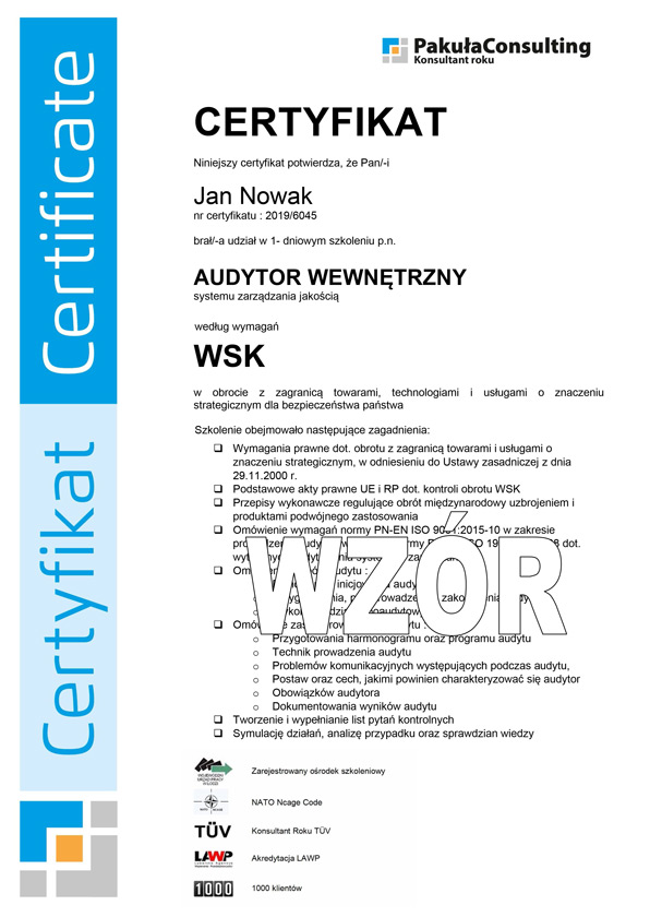 Certyfikat Audytor Wewnętrzny WSK