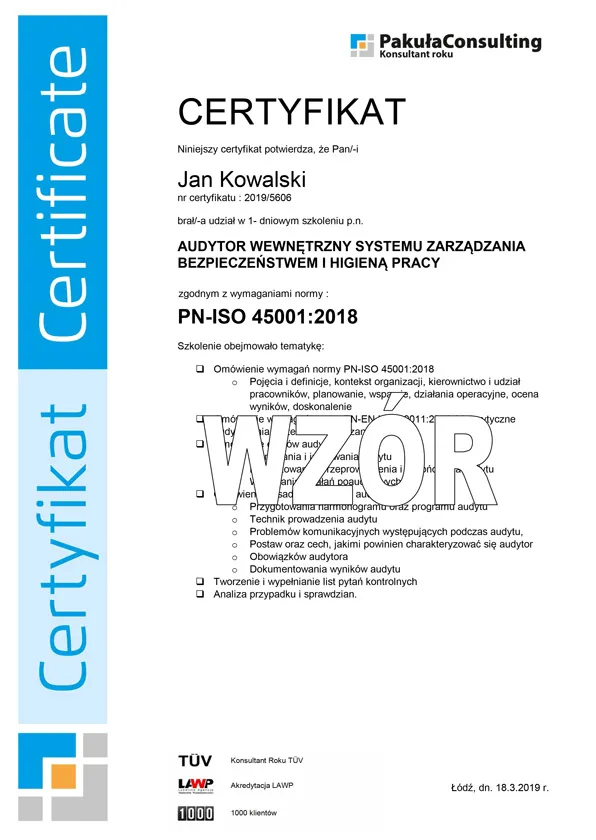 Szkolenie Audytor Wewnętrzny ISO 45001
