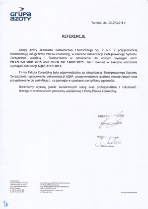 Referencje ISO 14001 Azoty Puławy