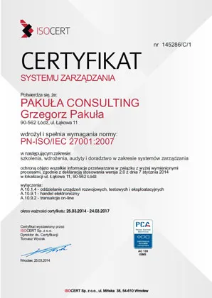 Certyfikat ISO 27001 Isocert