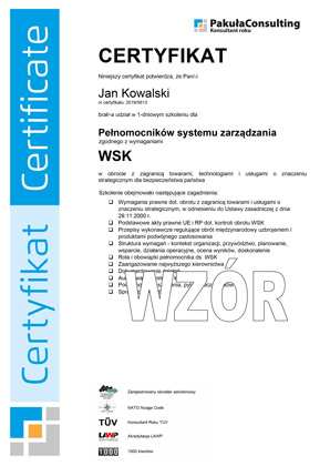 Certyfikat Pełnomocnik WSK