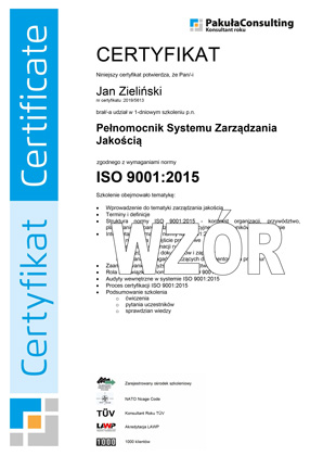 Szkolenie ISO 9001 Certyfikat Pełnomocnika