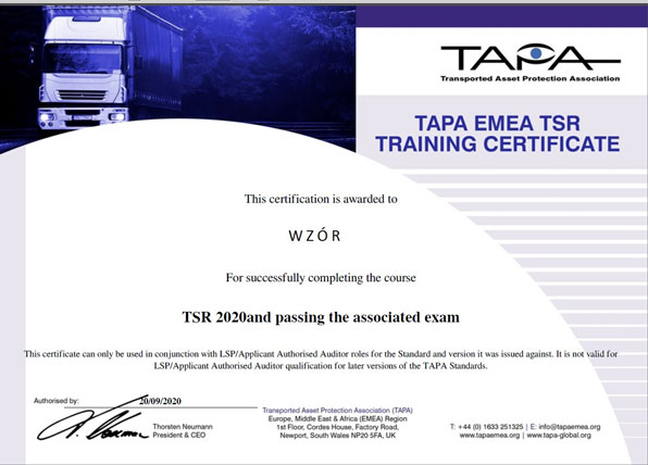 Certyfikat TAPA Szkolenie