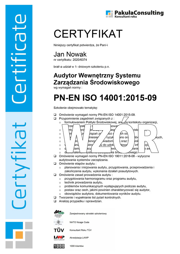 Certyfikat Audytor ISO 14001