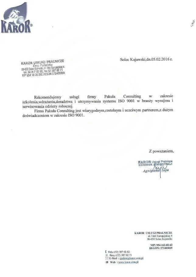 Karor Pralnia Certyfikat Iso 9001 Wdrazanie Bydgoszcz