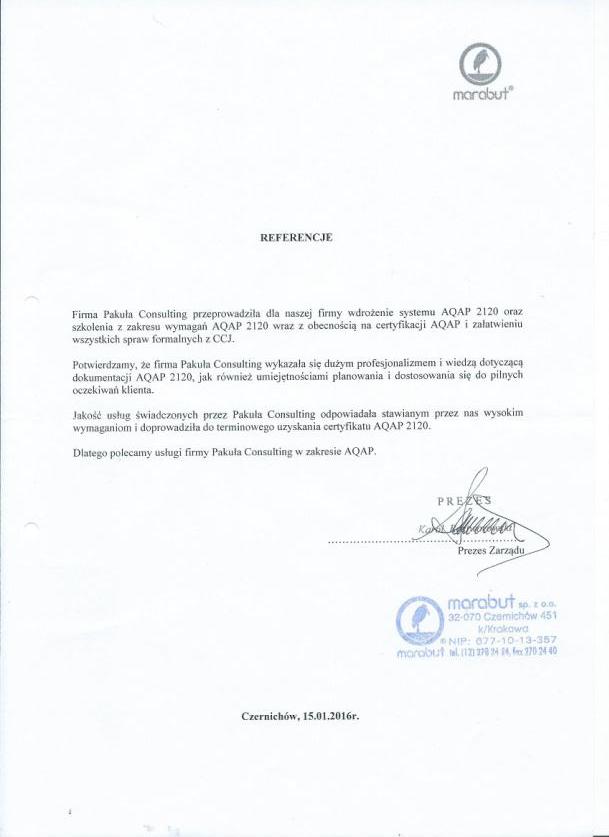 Marabut Certyfikat Aqap2120 Wdrazanie