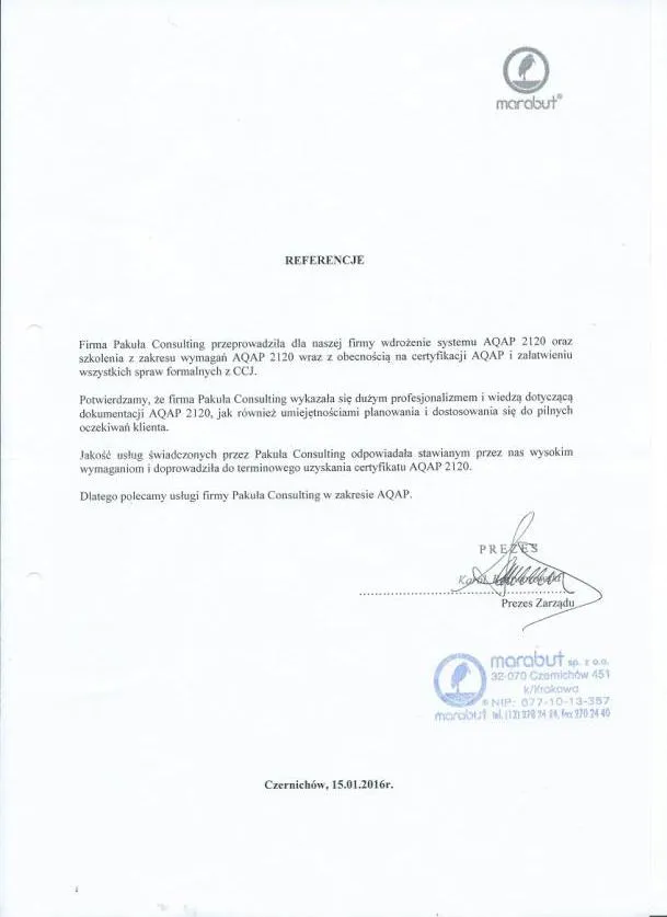 Marabut Certyfikat Aqap2120 Wdrazanie