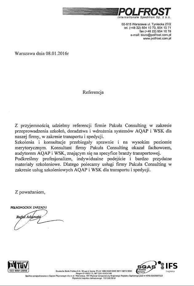 Polfrost Certyfikat Aqap Wsk Wdrazanie Warszawa