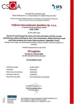 Certyfikat IFS Logistics