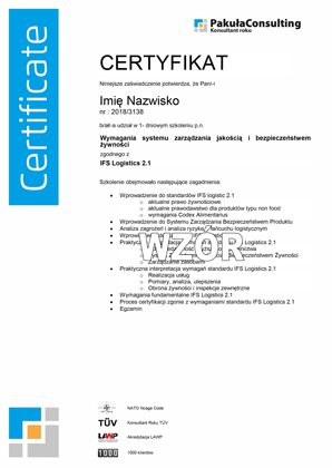 Certyfikat Pełnomocnika ds. IFS Logistics